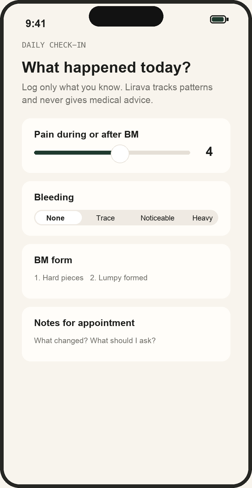 Lirava daily check-in screen